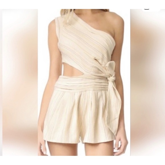 Free People Pants - Free People One Shoulder Cutout Romper Cream Striped Boho Tie Waist Size 4